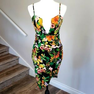 Floral Asymmetrical Dress - Black and Green